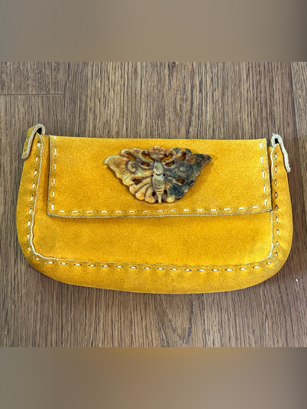 Yellow Suede Leather Floral-Embellished Clutch Wallet